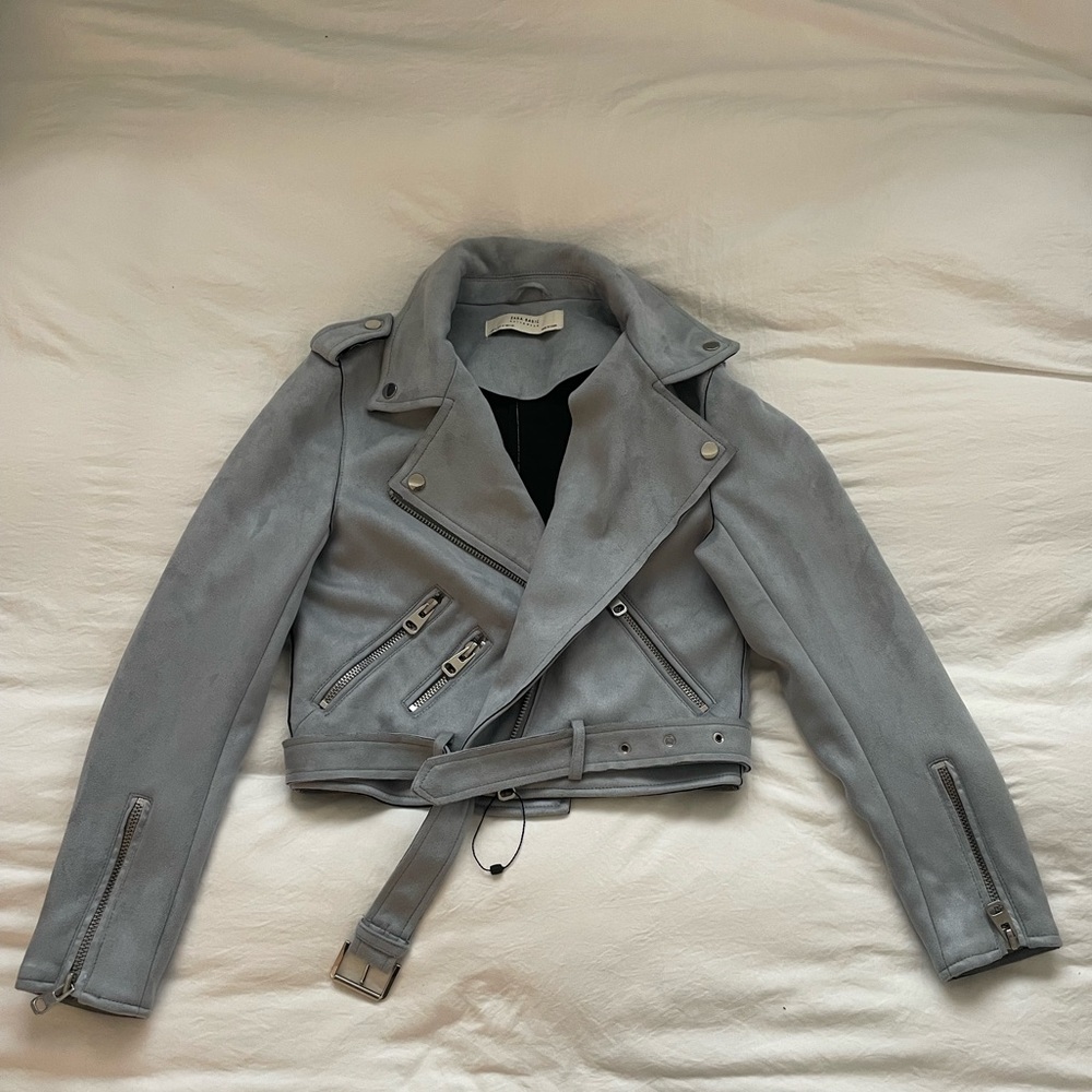 Zara moto jacket blue/grey suede